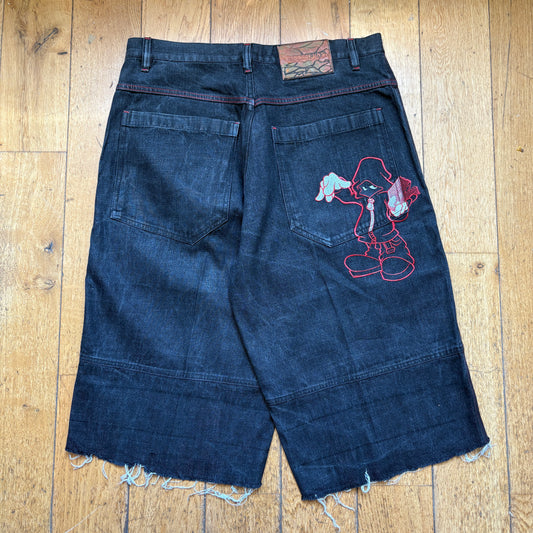 Vintage Embroidered Hip Hop Baggy Black Shorts Jorts - 36