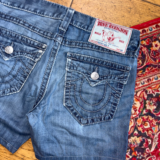 Vintage True Religion Blue Mini Embroidered Y2K Shorts Jorts - Size 16