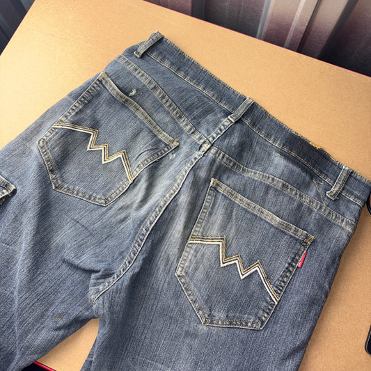Embroidered Blue Japanese Denim Hip Hop Y2K Baggy Jeans - 34R