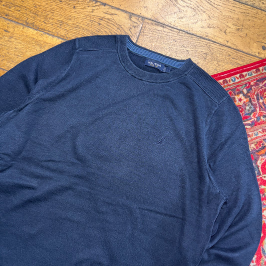 Vintage Nautica Navy Embroidered Knit Jumper - XL
