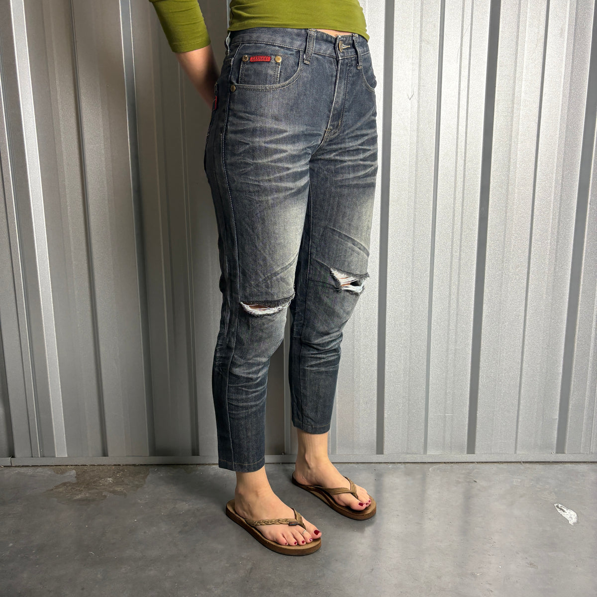 Embroidered Blue Capri Japanese Denim Hip Hop Y2K Jeans - 28