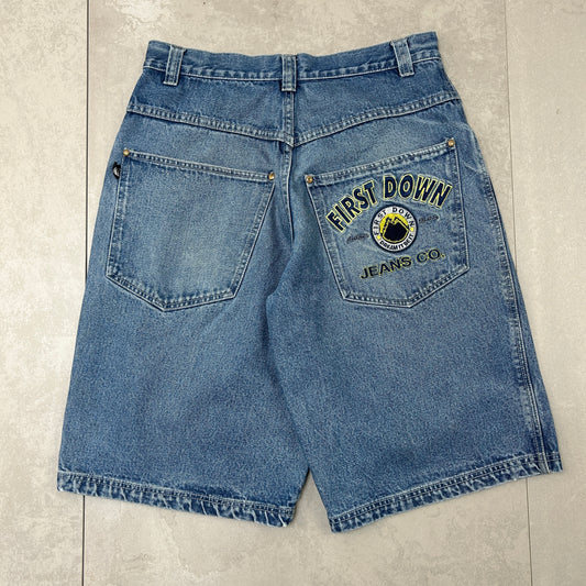 Vintage First Down Embroidered Hip Hop Baggy Blue Shorts Jorts - 33