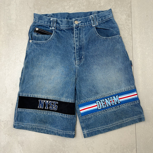 Vintage NY55 Embroidered Hip Hop Baggy Blue Shorts Jorts - 28