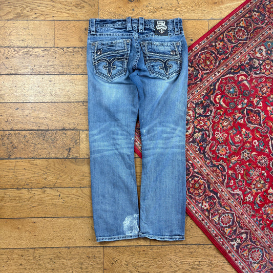 Vintage Rock Revival Blue Embroidered Y2K Hip Hop Straight Jeans - 34