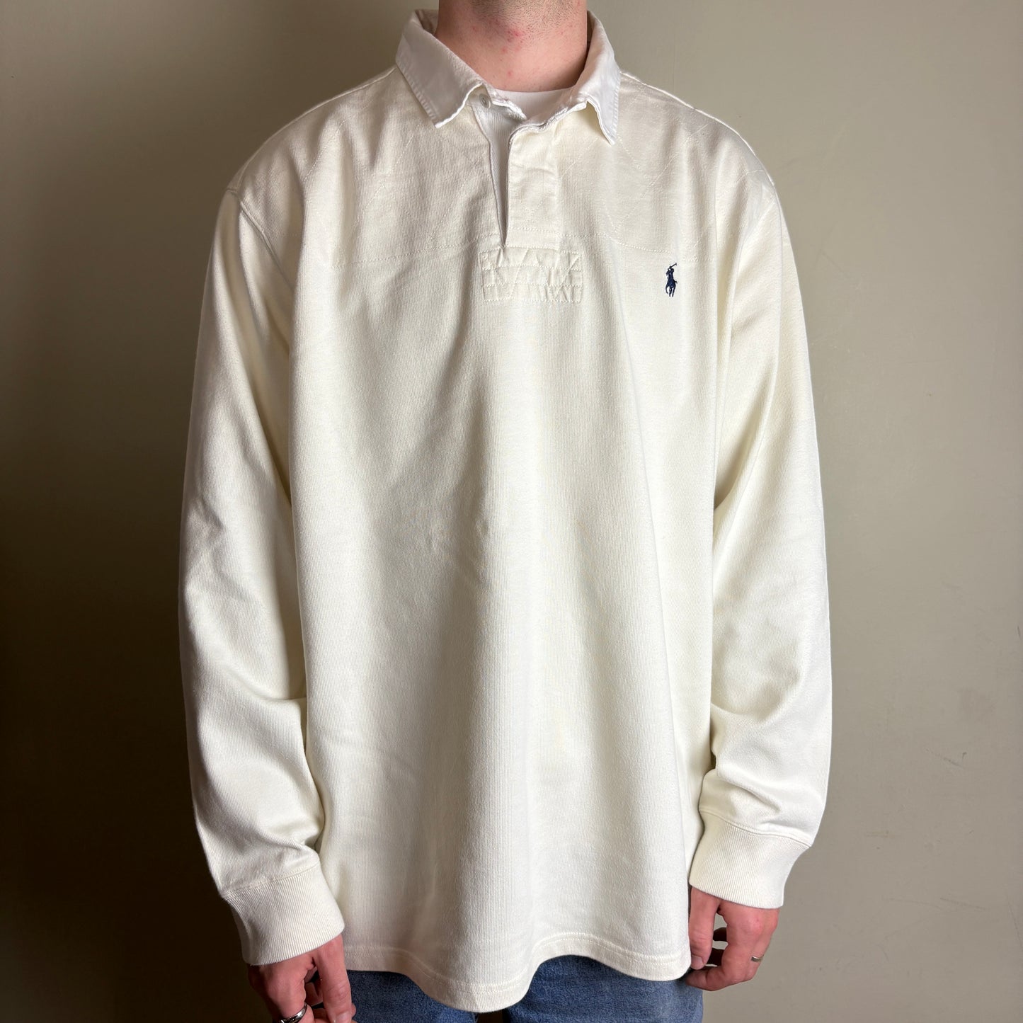 Vintage Ralph Lauren White Cream Long Sleeve Rugby Polo Shirt - 2XL