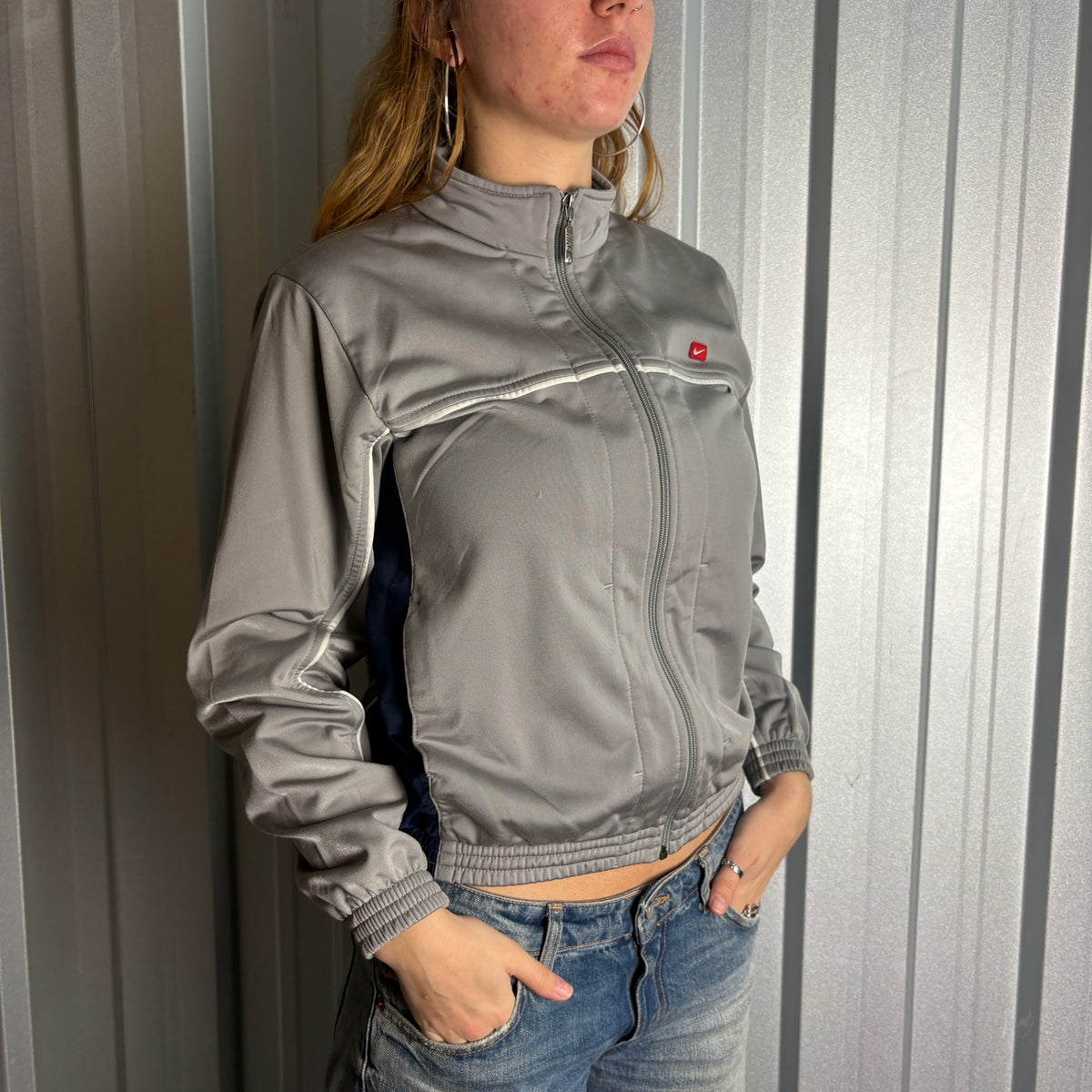 Nike 00s Y2K Grey Silver Tracksuit Track Shell Womens Windbreaker Jacket - L