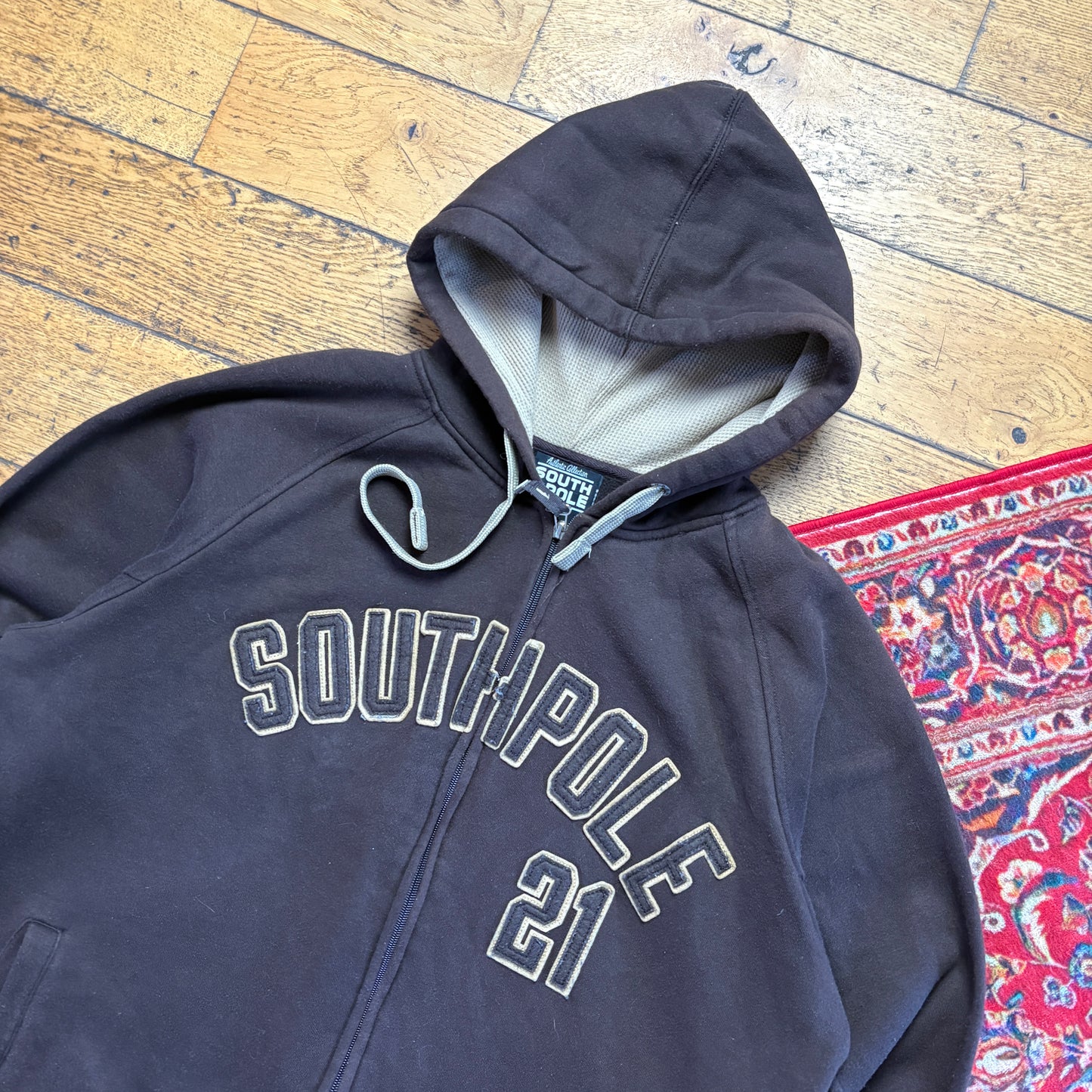 Vintage Southpole Brown Zip Hoodie Hip Hop Embroidered Sweatshirt - XL