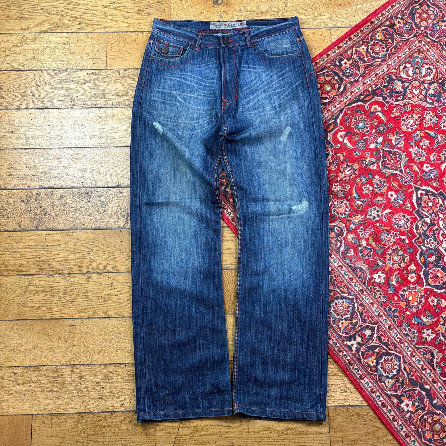 Vintage Blue Embroidered Y2K Hip Hop Baggy Jeans - 36