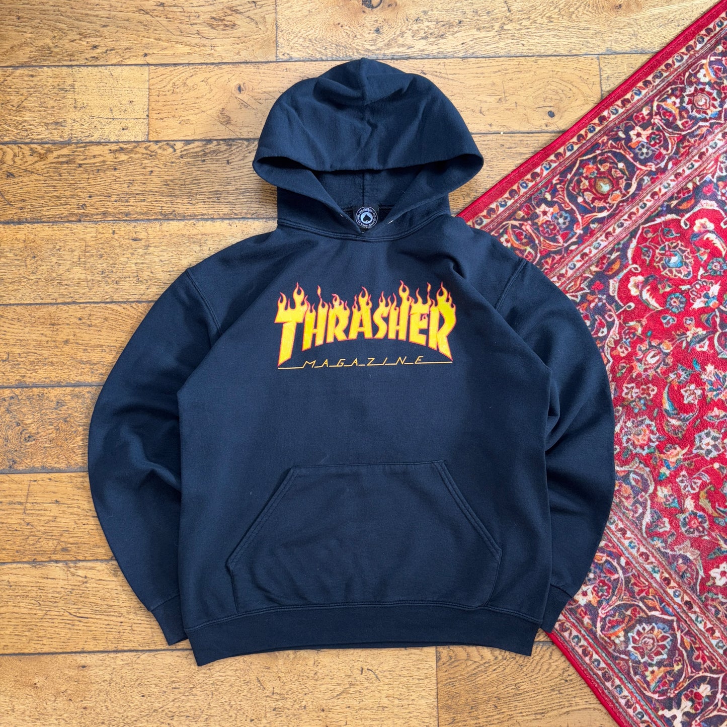 Vintage Thrasher Black Flames Skate Hoodie Sweatshirt - M