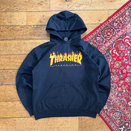 Vintage Thrasher Black Flames Skate Hoodie Sweatshirt - M