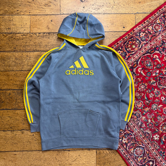 Vintage Adidas y2K Grey Yellow Hoodie Embroidered Sweatshirt - XS