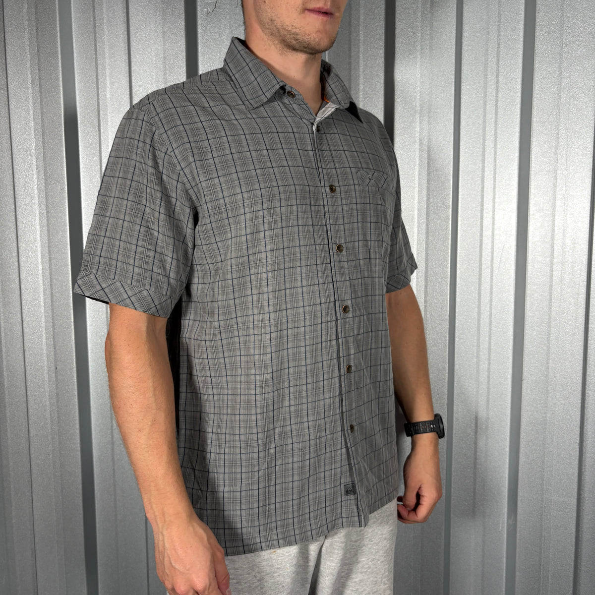 Quiksilver Grey Check Plaid Short Sleeve Shirt - S
