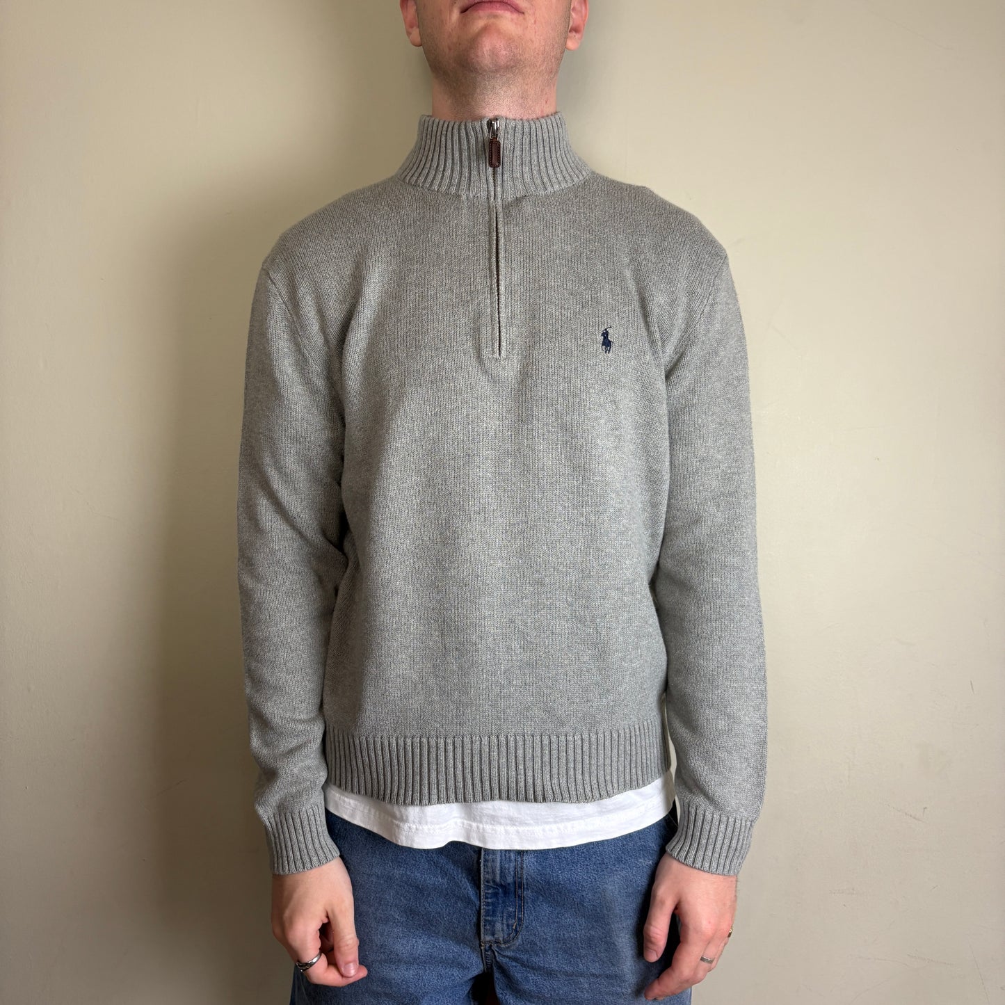 Vintage Ralph Lauren Grey Quarter Zip Knit Embroidered Sweatshirt - L