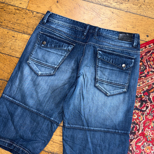 Vintage Embroidered Hip Hop Baggy Blue Shorts Jorts - 38