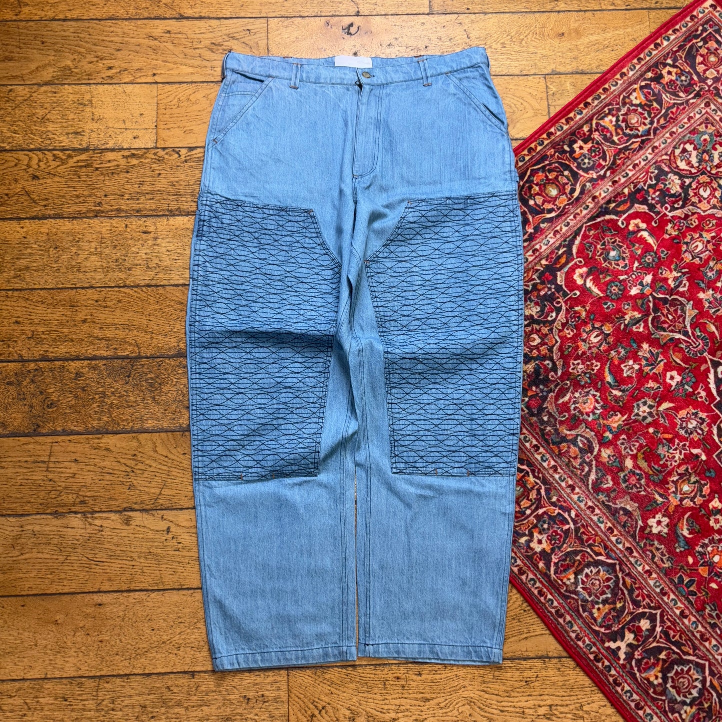 Vintage Blue Double Knee Embroidered Hip Hop Y2K Baggy Jeans - 38R