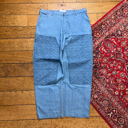 Vintage Blue Double Knee Embroidered Hip Hop Y2K Baggy Jeans - 38R