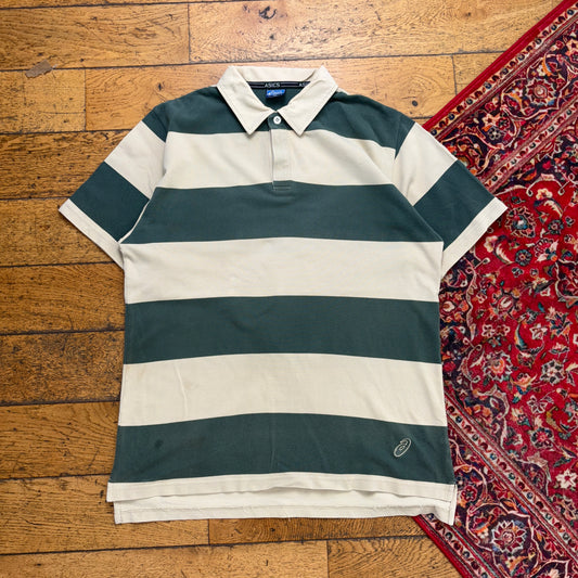 Vintage ASICs Green Cream Stripe Polo Shirt - L