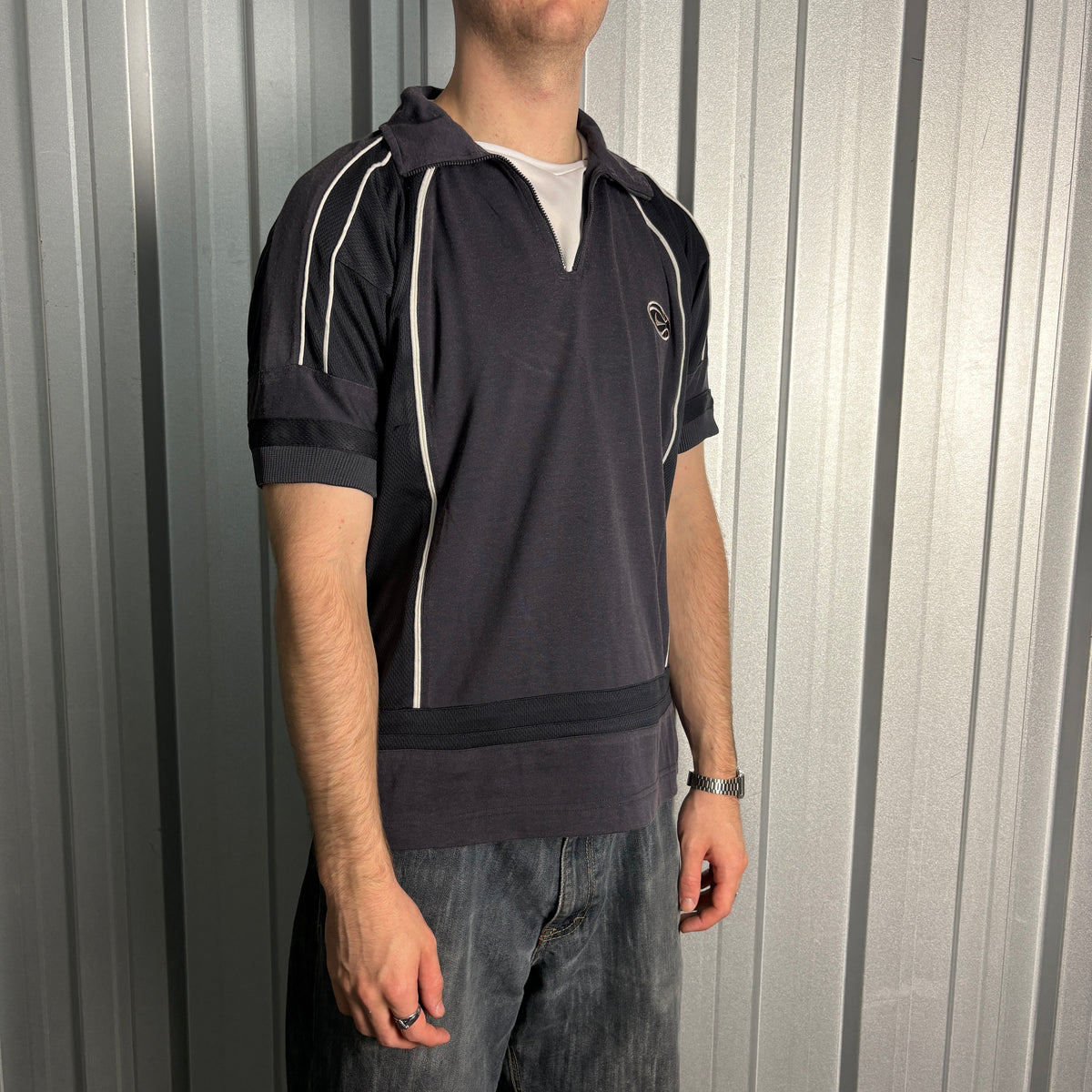 Nike 90s Basketball Black Embroidered Zip Polo T Shirt - M