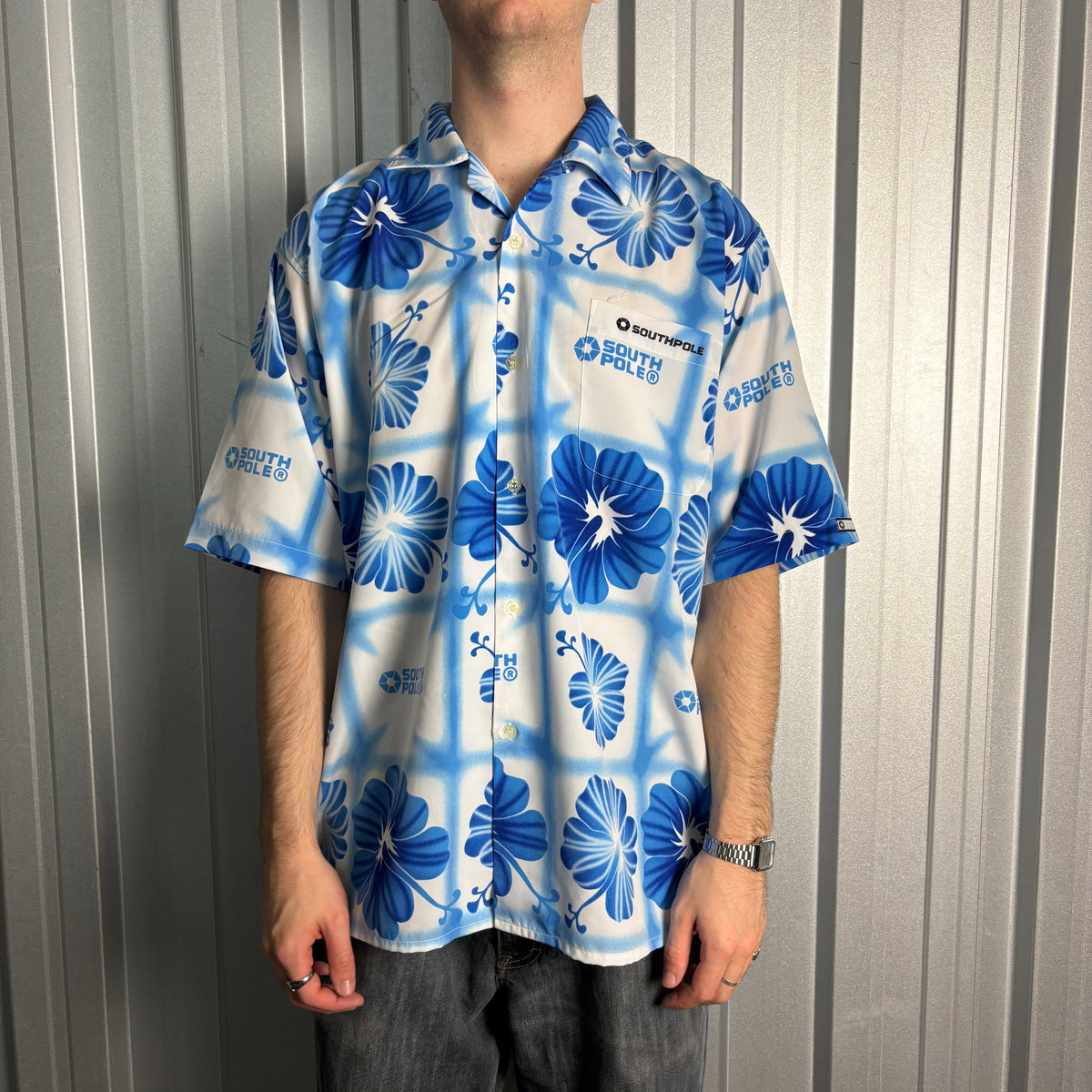 Southpole Hip Hop Hawaiian Blue Y2k 00s Embroidered Short Sleeve Shirt - L