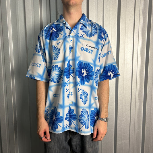 Southpole Hip Hop Hawaiian Blue Y2k 00s Embroidered Short Sleeve Shirt - L