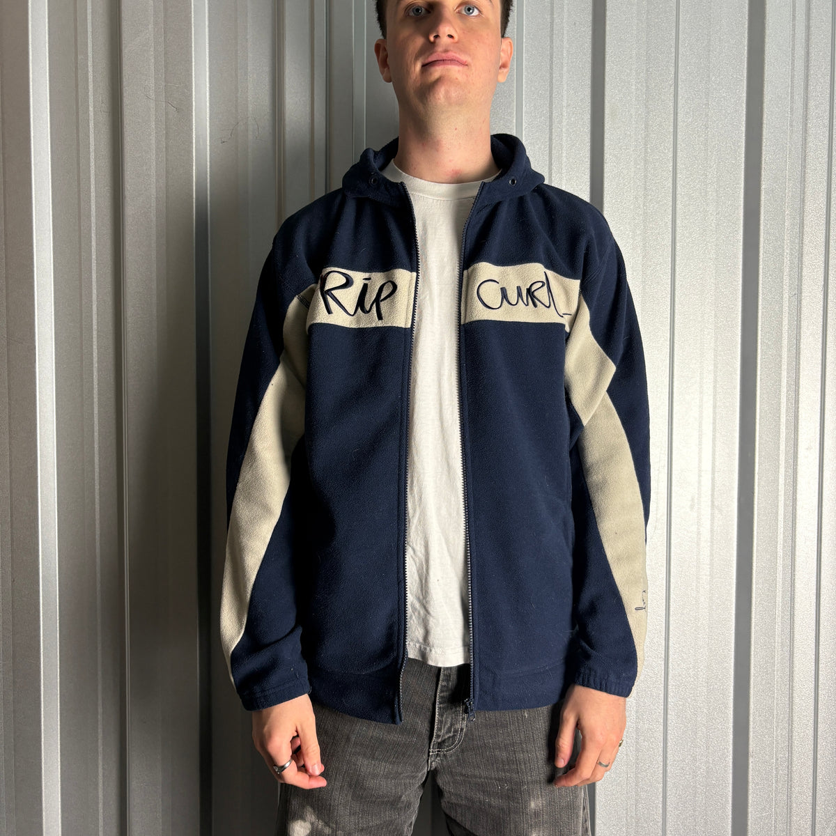 Vintage Rip Curl Navy Fleece Surfwear Y2K 00s Hoodie Embroidered Sweatshirt - M