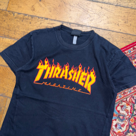 Vintage Thrasher Black Skate Flames Womens Graphic T-Shirt - XS