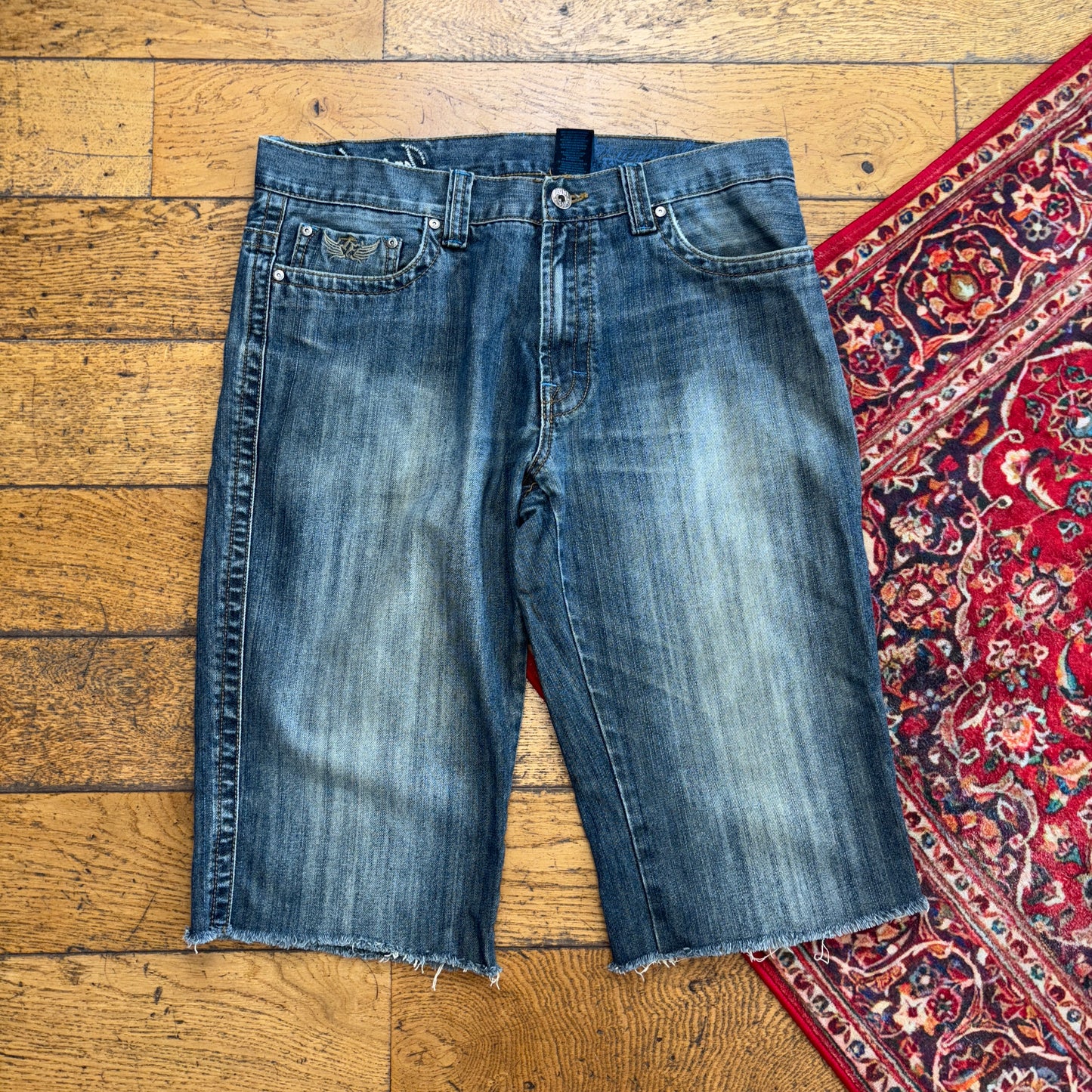 Vintage Embroidered Hip Hop Blue Baggy Shorts Jorts - 36