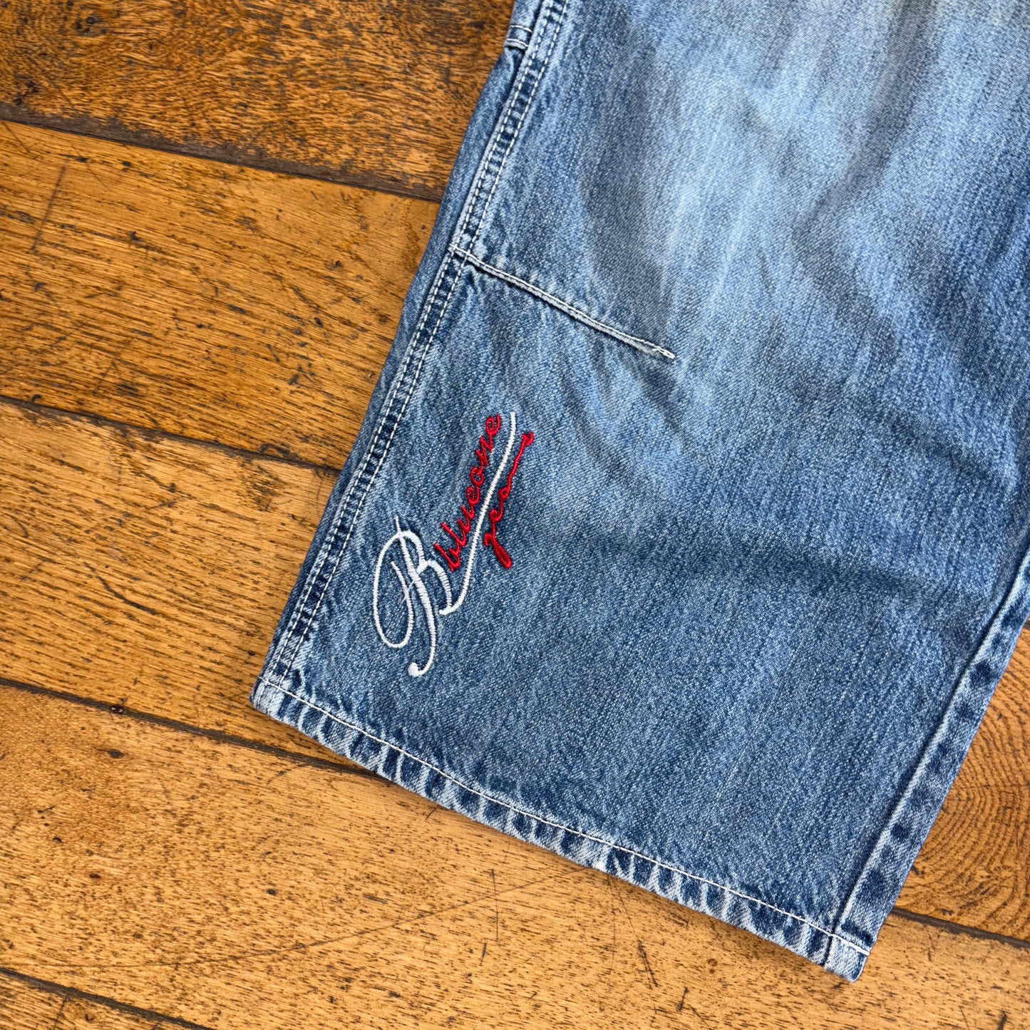 Vintage Blue Embroidered Y2K Hip Hop Baggy Jeans Shorts Jorts - 36