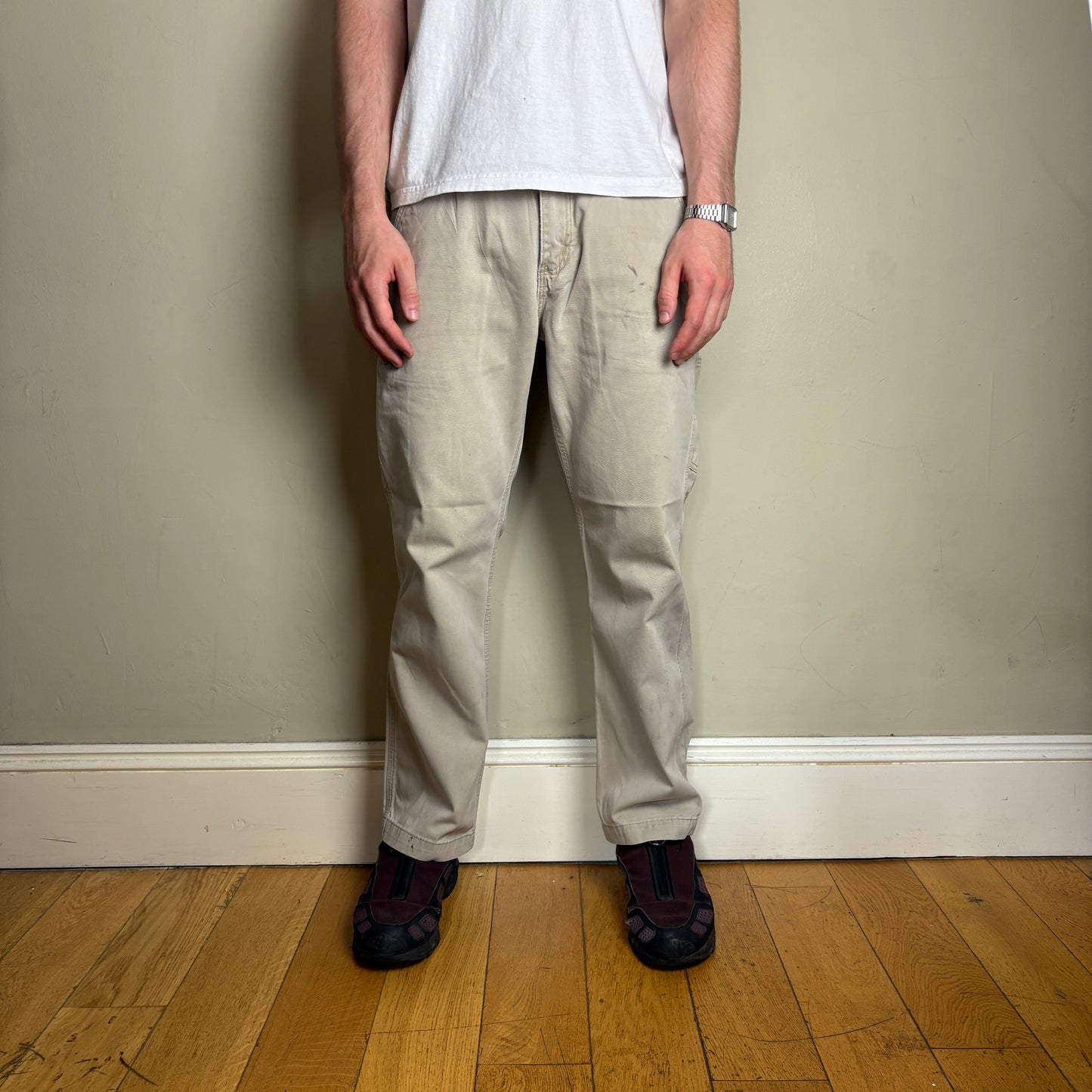 Vintage Carhartt Cream Light Brown Workwear Carpenter Baggy Trousers - 34S