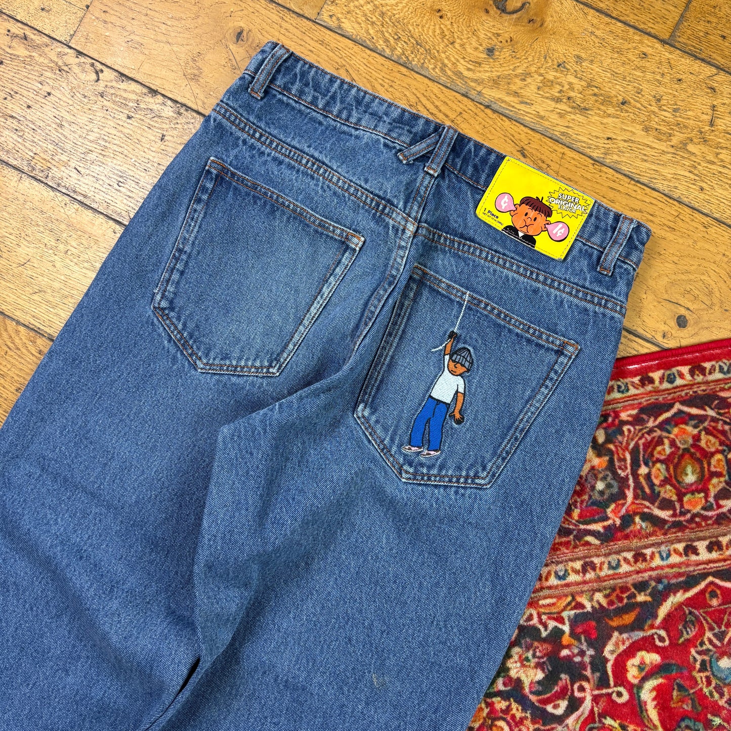 Vintage Chaos Blue Embroidered Y2K Hip Hop Baggy Jeans - 32