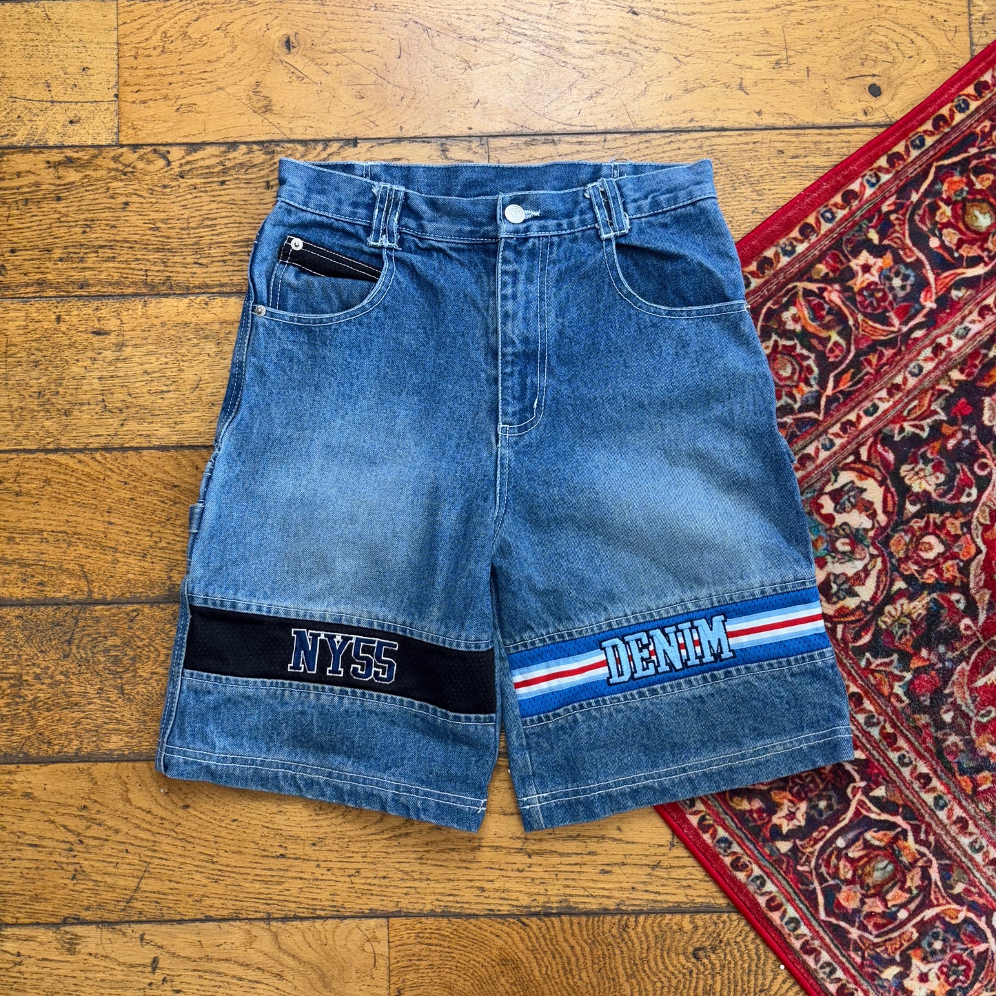 Vintage NY55 Embroidered Hip Hop Baggy Blue Shorts Jorts - 28