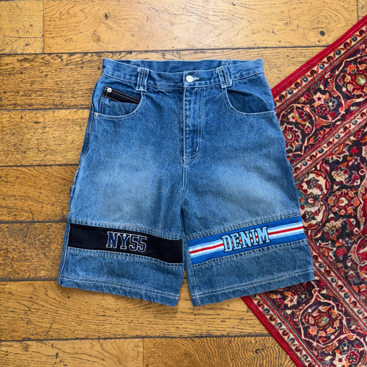 Vintage NY55 Embroidered Hip Hop Baggy Blue Shorts Jorts - 28