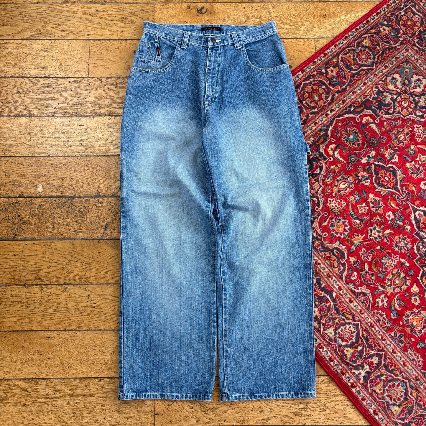 Vintage Metal Blue Carpenter Embroidered Y2K Hip Hop Baggy Jeans - 32