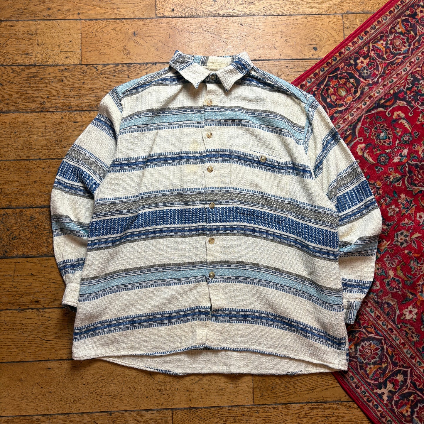 Vintage Cream Blue Funky Pattern Shirt - 2XL