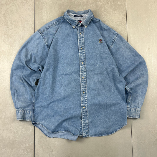 Vintage Tommy Hilfiger Embroidered Crest Blue Denim Button Shirt - L