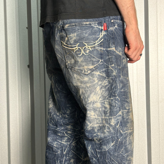 Embroidered Blue Japanese Denim Hip Hop Y2K Baggy Jeans - 36S