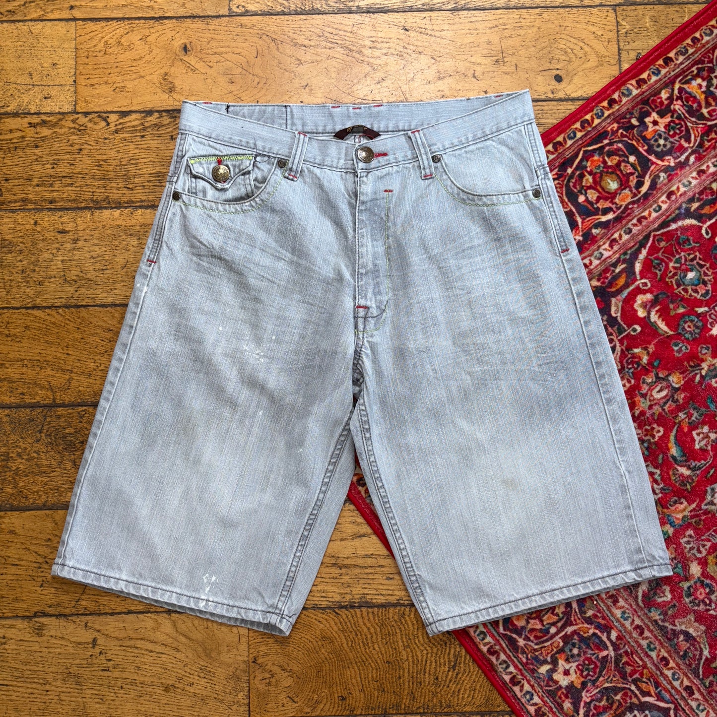 Vintage Grey Cross Embroidered Y2K Hip Hop Baggy Jeans Shorts Jorts - 36