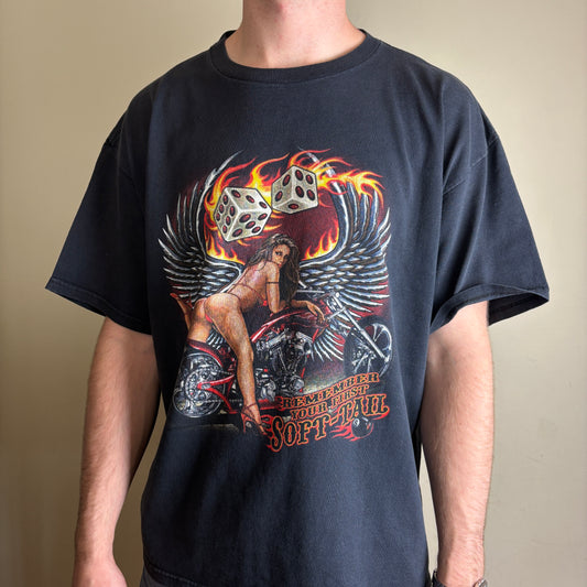 Vintage Motorbike Gambling Black Flames Graphic T-Shirt - XL