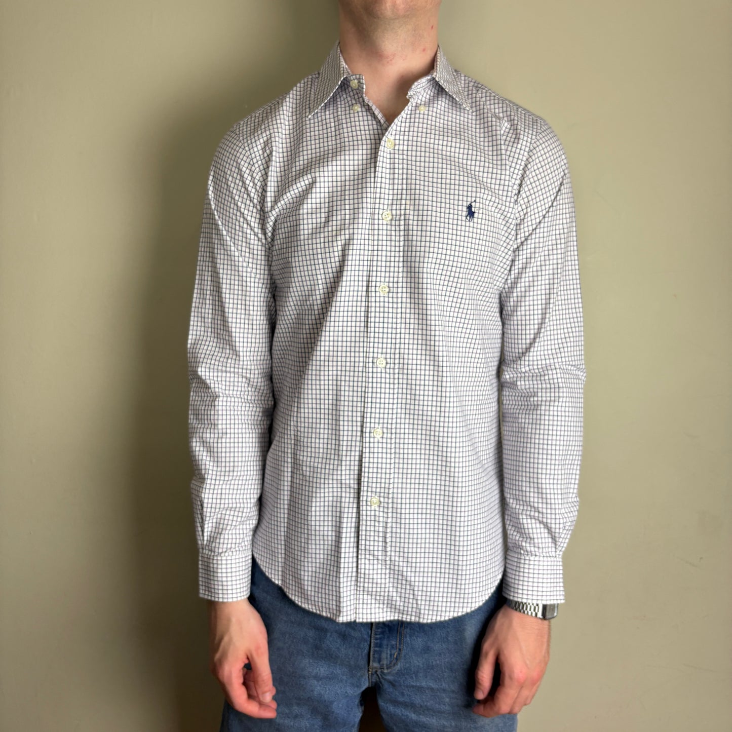 Vintage Ralph Lauren Purple White Check Plaid Embroidered Shirt - S