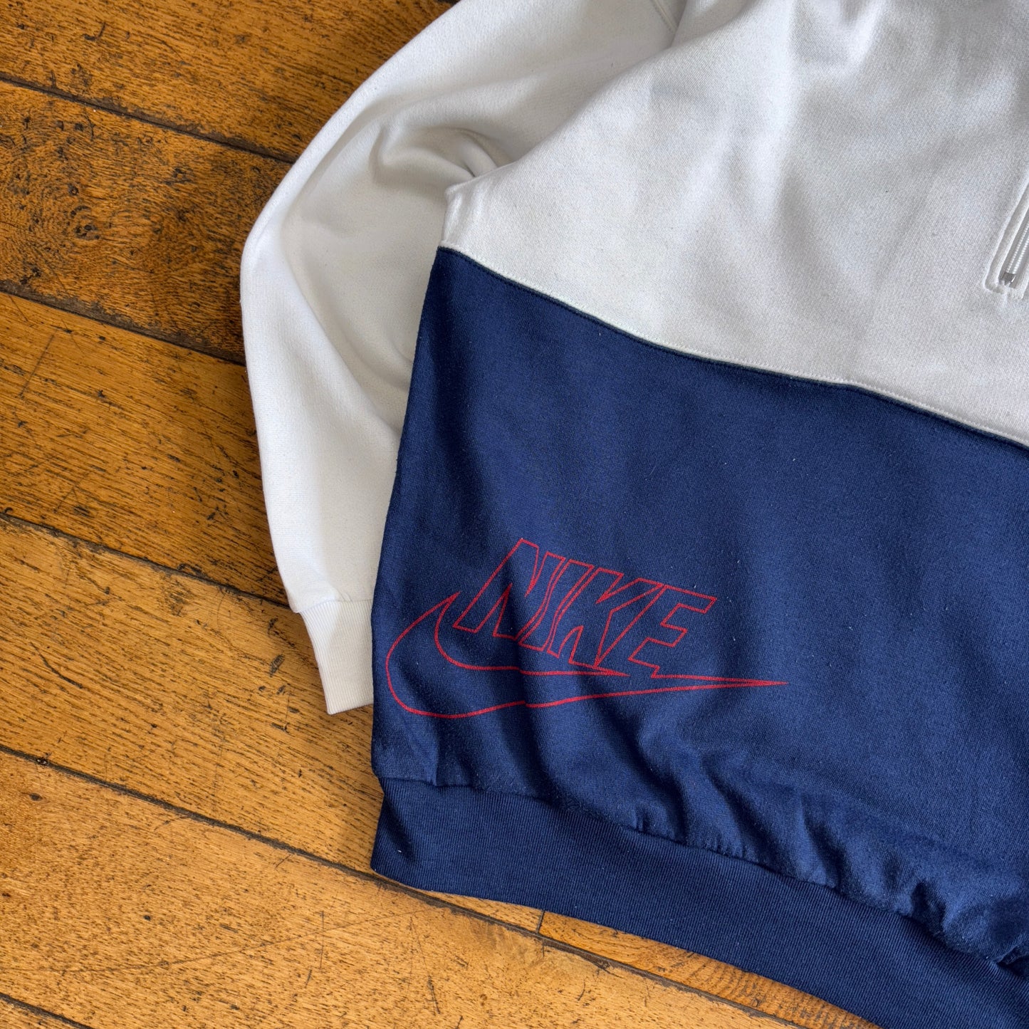 Vintage Nike Colour Block White Navy Zip Sweatshirt - L