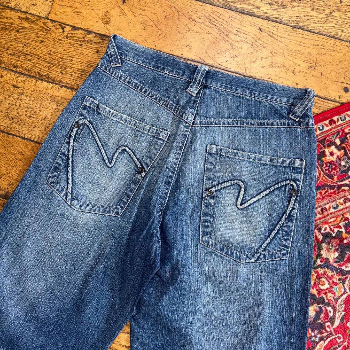 Vintage Mecca Blue Embroidered Y2K Hip Hop Baggy Jeans Shorts Jorts - 34