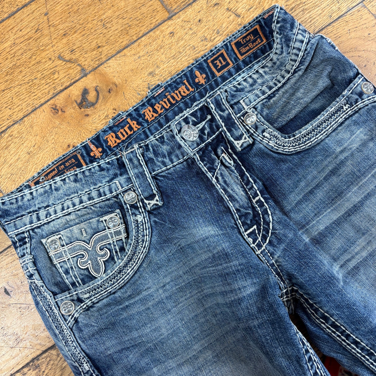 Vintage Rock Revival Blue Embroidered Y2K Hip Hop Bootcut Jeans - 34