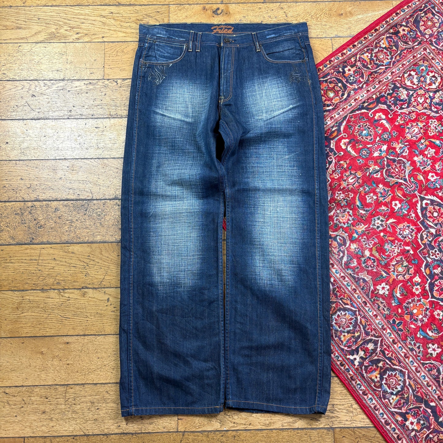 Vintage Blue Embroidered Y2K Hip Hop Baggy Jeans - 40