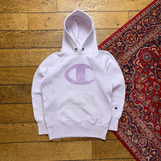 Vintage Champion Pink Hoodie Womens Embroidered Sweatshirt - M