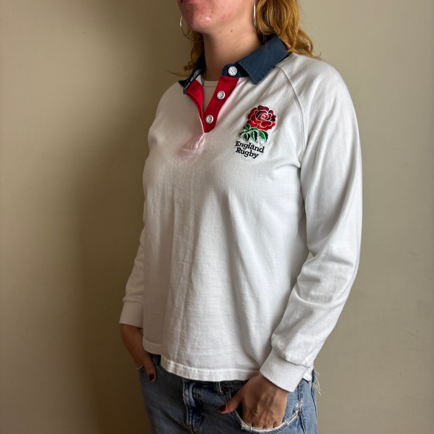 Vintage England White Womens Rugby Long Sleeve Polo Shirt - M