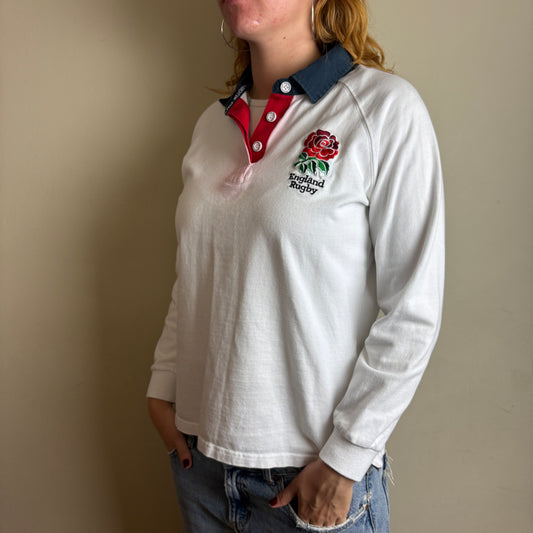 Vintage England White Womens Rugby Long Sleeve Polo Shirt - M