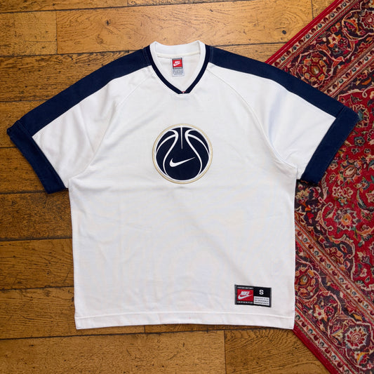 Vintage 90s Nike Basketball White Navy Embroidered T-Shirt - L