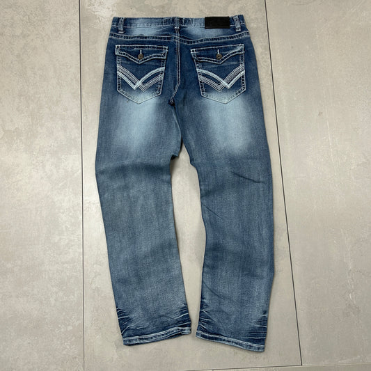 Vintage Embroidered Hip Hop Straight Blue Jeans - 33
