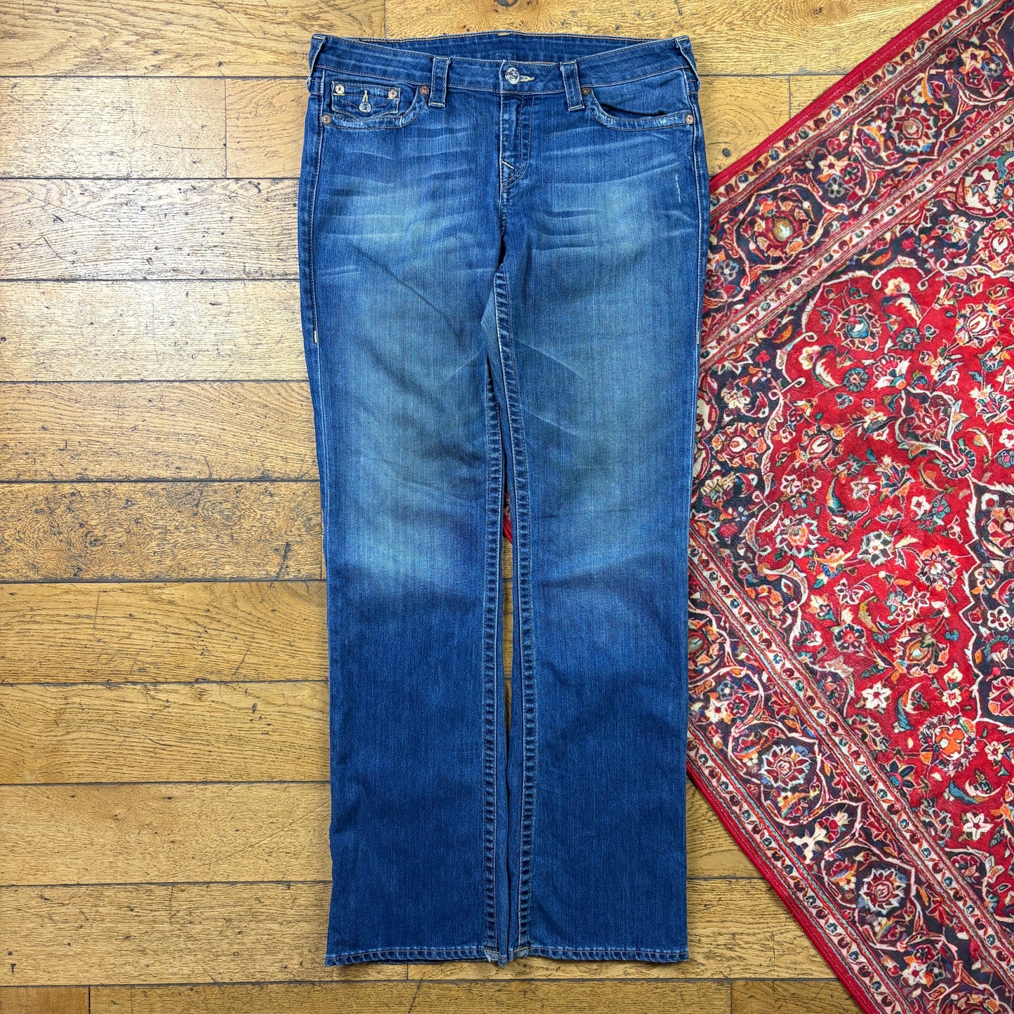 Vintage True Religion Womens Blue Embroidered Y2K Hip Hop Bootcut Jeans - Size18