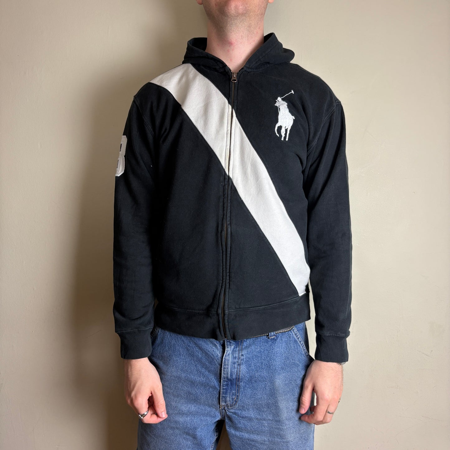 Vintage Ralph Lauren Womens Black Big Pony Embroidered Zip Hoodie Sweatshirt -XL